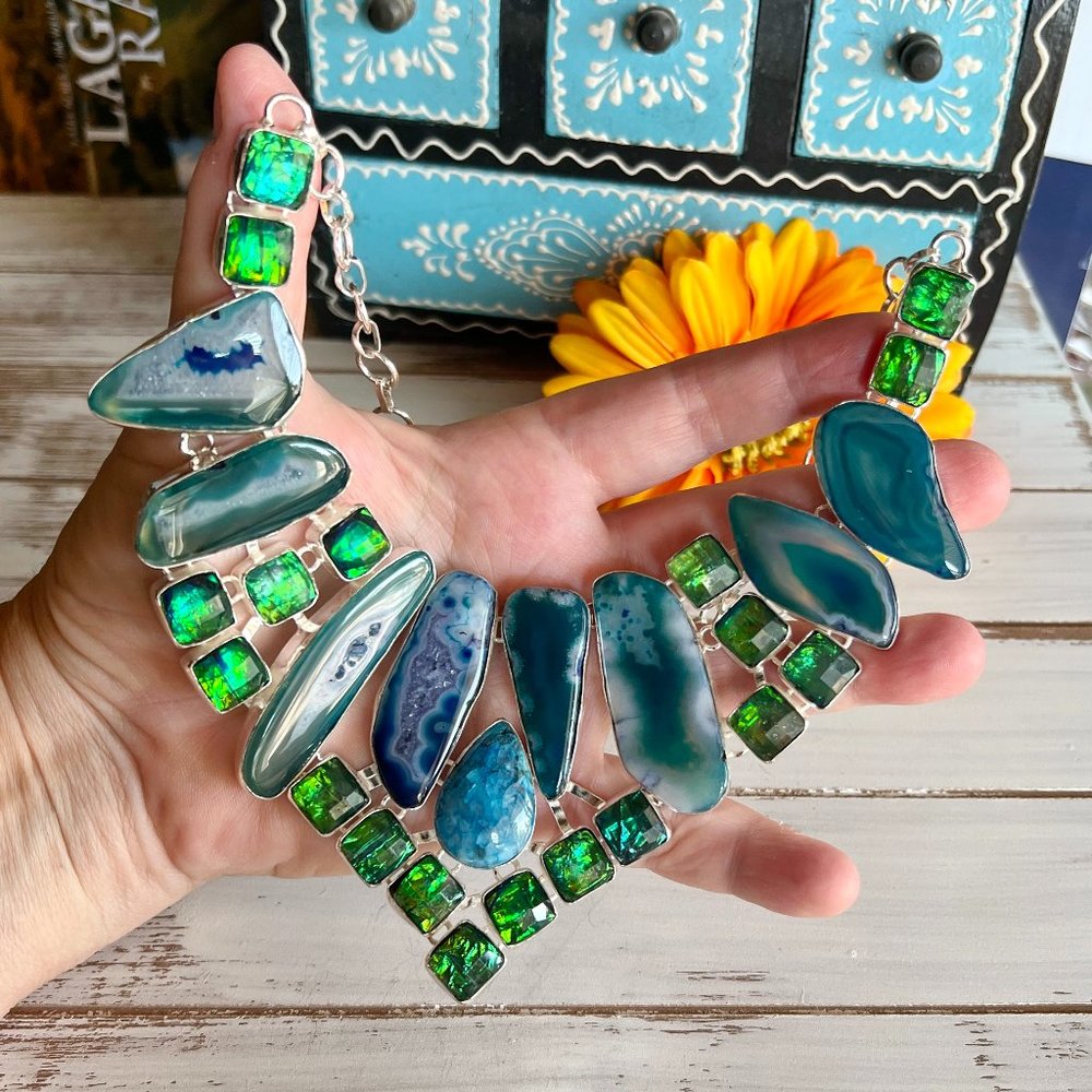 Solar Agate Necklace Triplet Opal Ocean Blue Large Handmade 925 Silver Boho New! - Picture 3 of 16